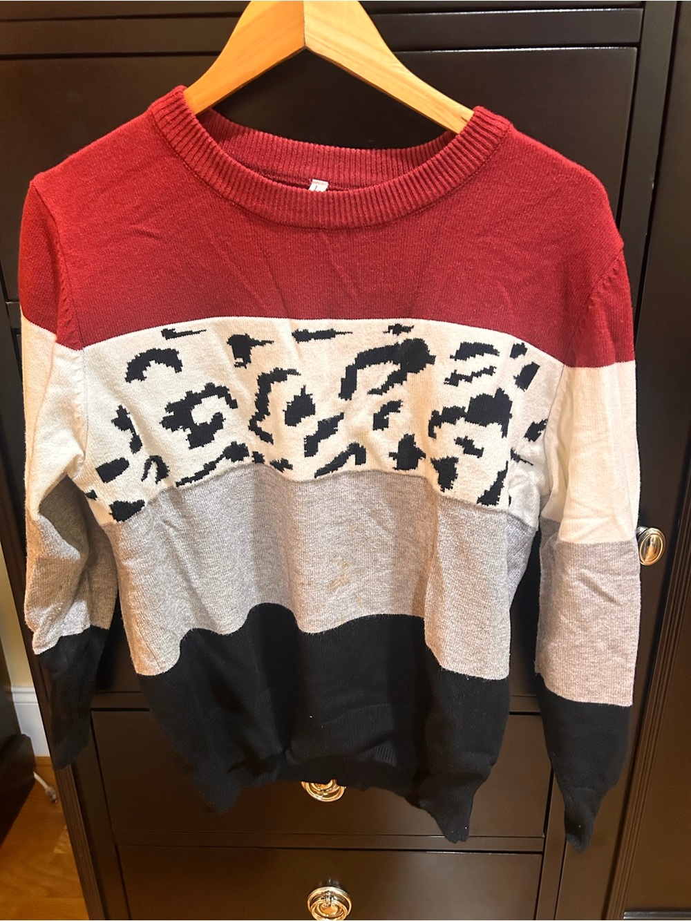 Amazon Colorblock Leopard Print Crewneck Sweater - Red, White, Gray, Black